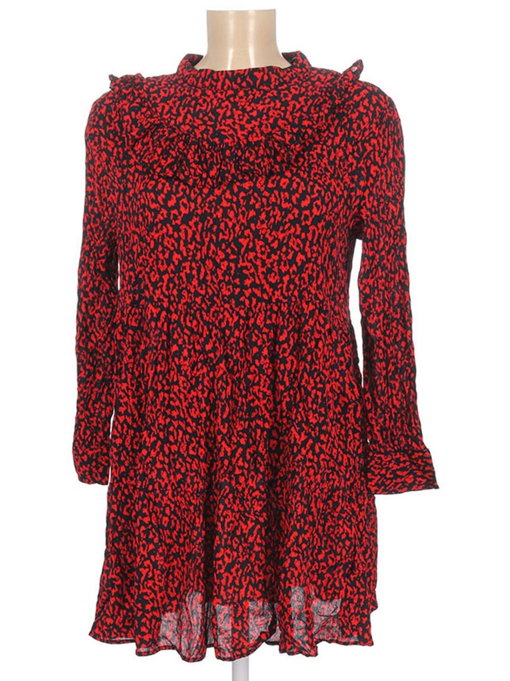 Zara Red and Black Long-Sleeve Printed Swing Dress
